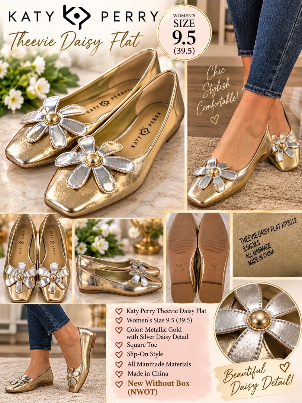 Katy Perry Collections Metallic Gold Flats with Silver Daisy